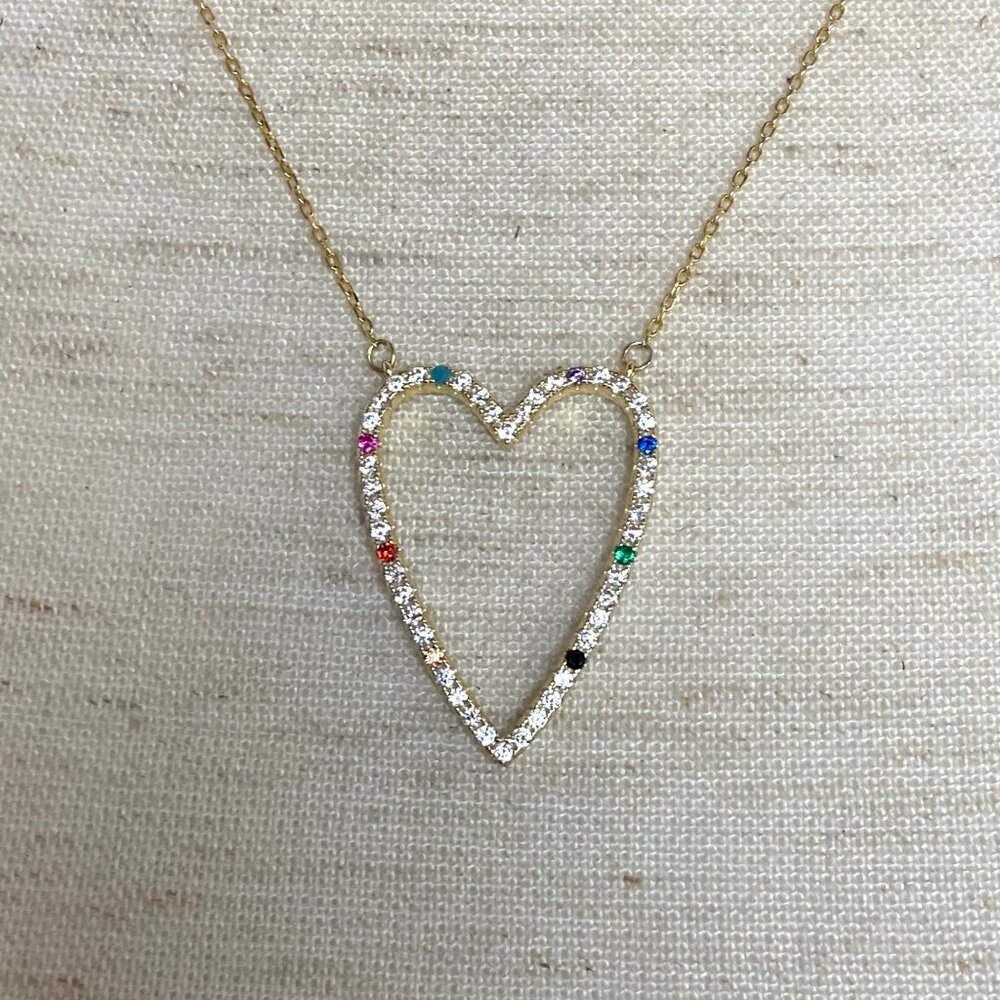 Gold Vermeil Sterling Silver 925 Open Heart Rainbow Pave Pendant Necklace 16-18" - Picture 12 of 16